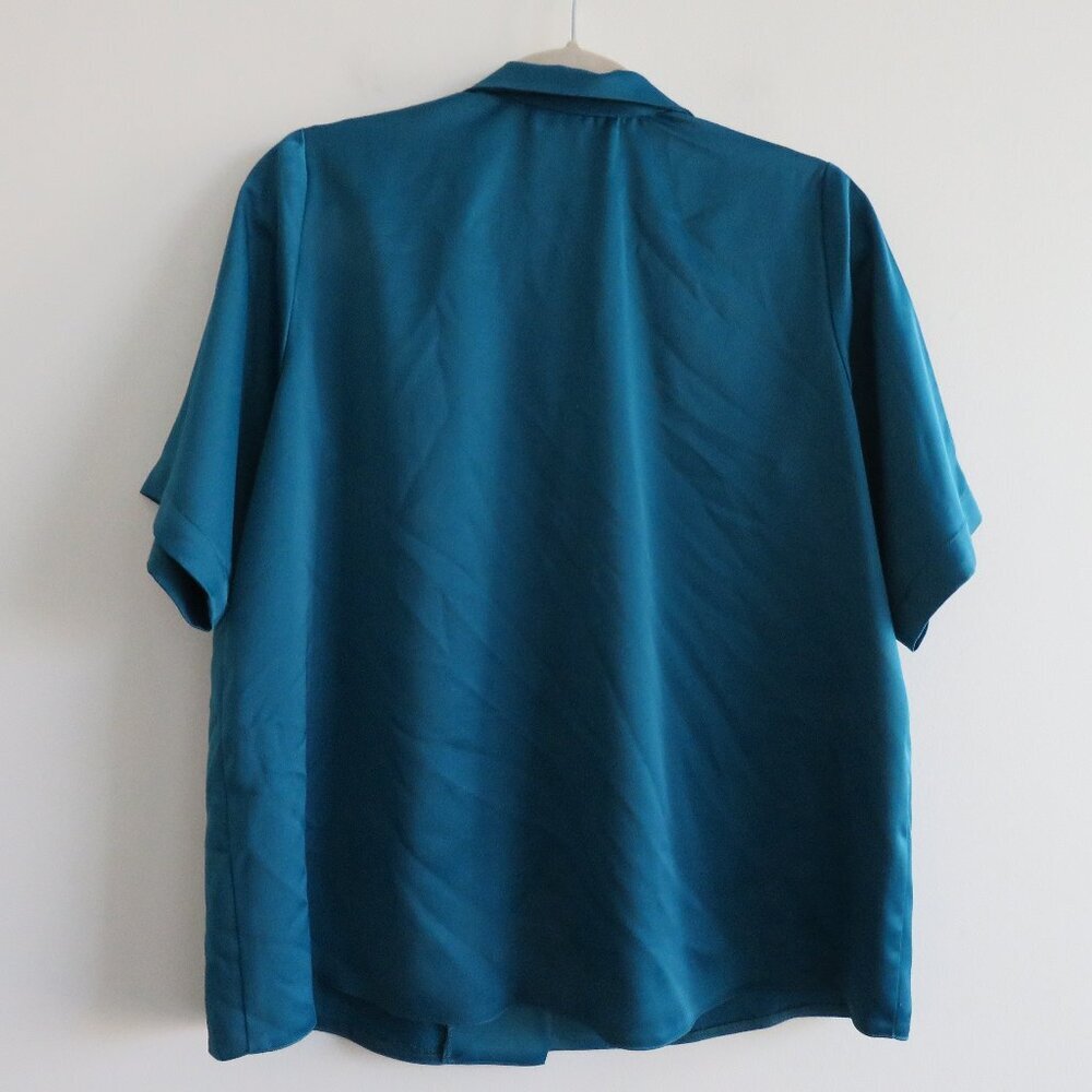 ZENA PRESLEY Teal Satin Drapey Button Front Shirt Top Mob Wives - Women's Sz M - Picture 9 of 10
